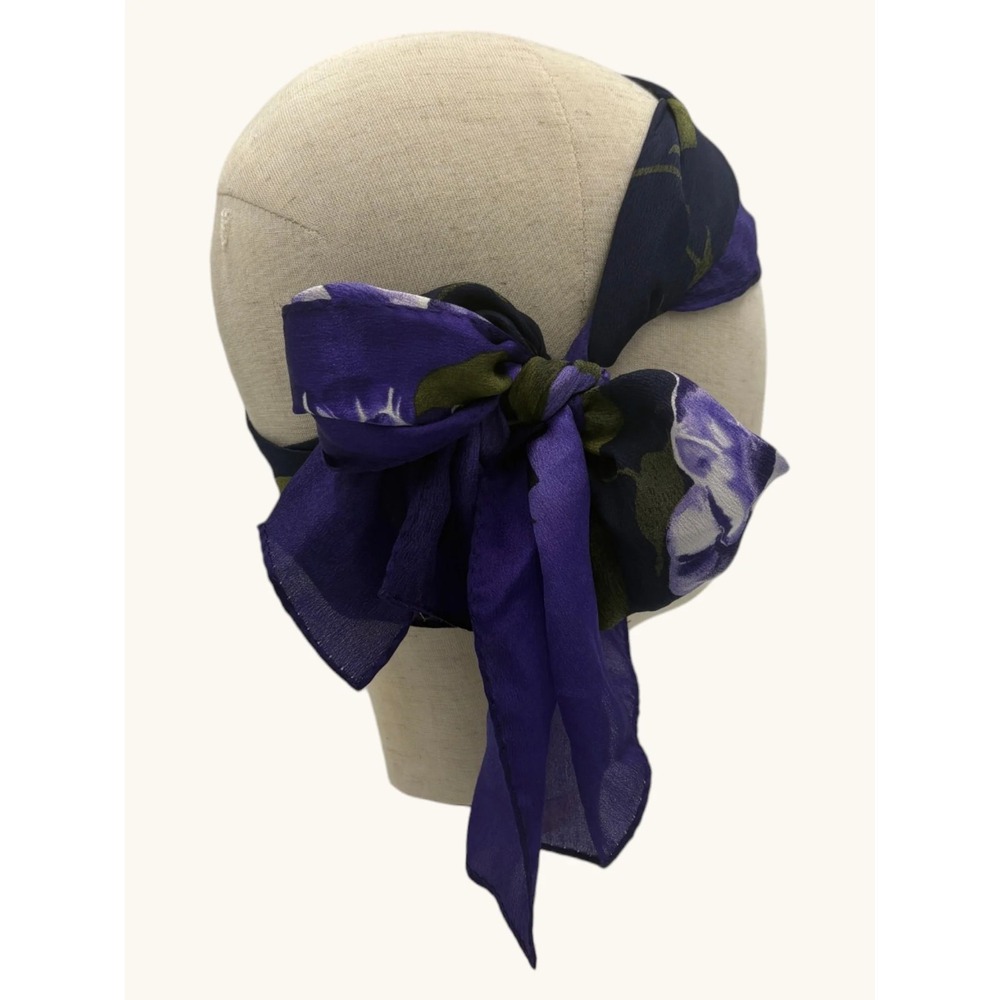Lord & Taylor Purple Floral Silk Scarf Navy Blue Rose Print Oblong Neck Tie